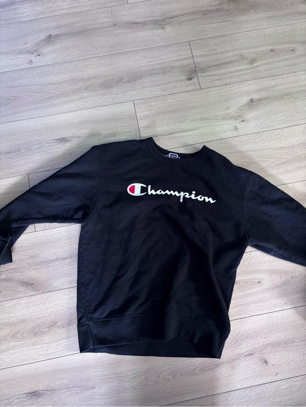 Champion Black Crewneck Sweatshirt with White Script and Red Logo